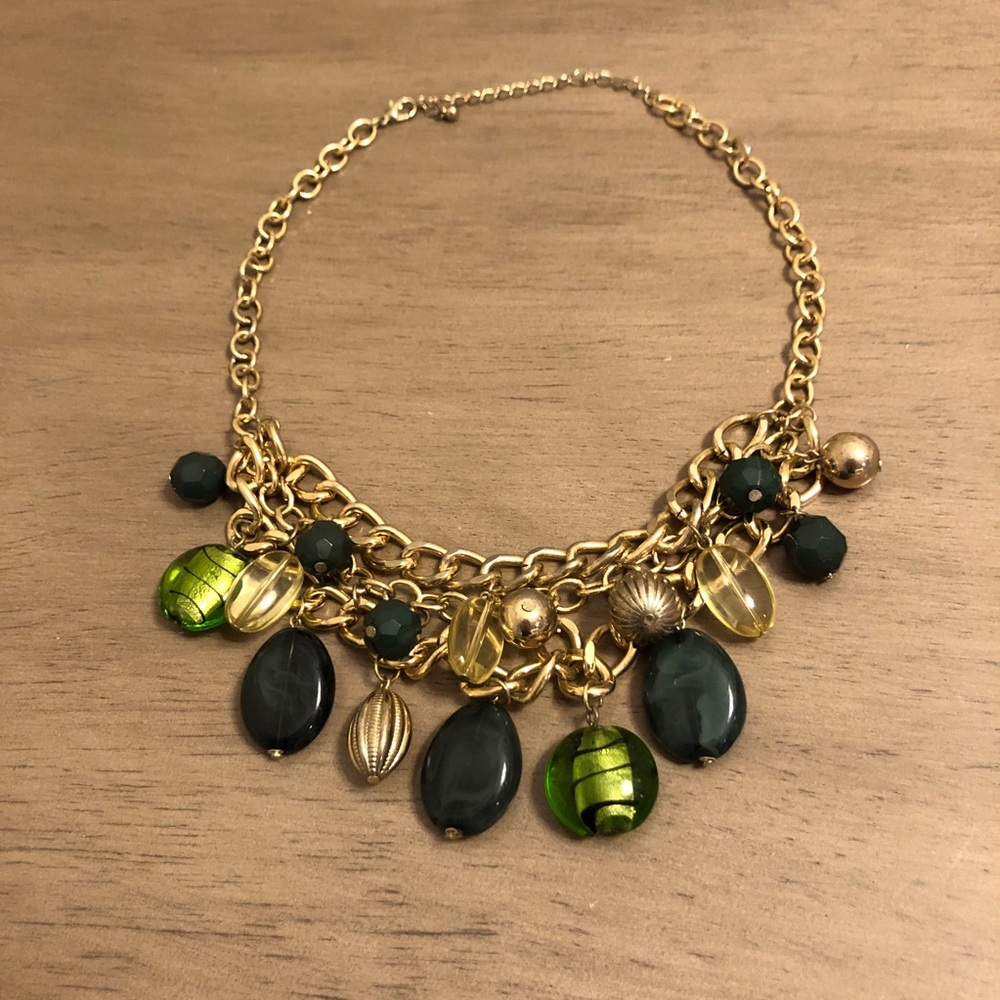 Jewelry - Elegant Gold Tone and Green Charm Statement Necklace